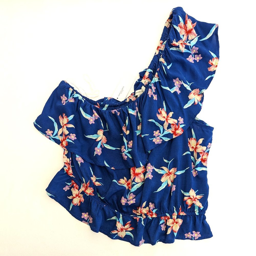 American Eagle One Shoulder Bubble Tank Top Blue Tropical Women's Size Large New